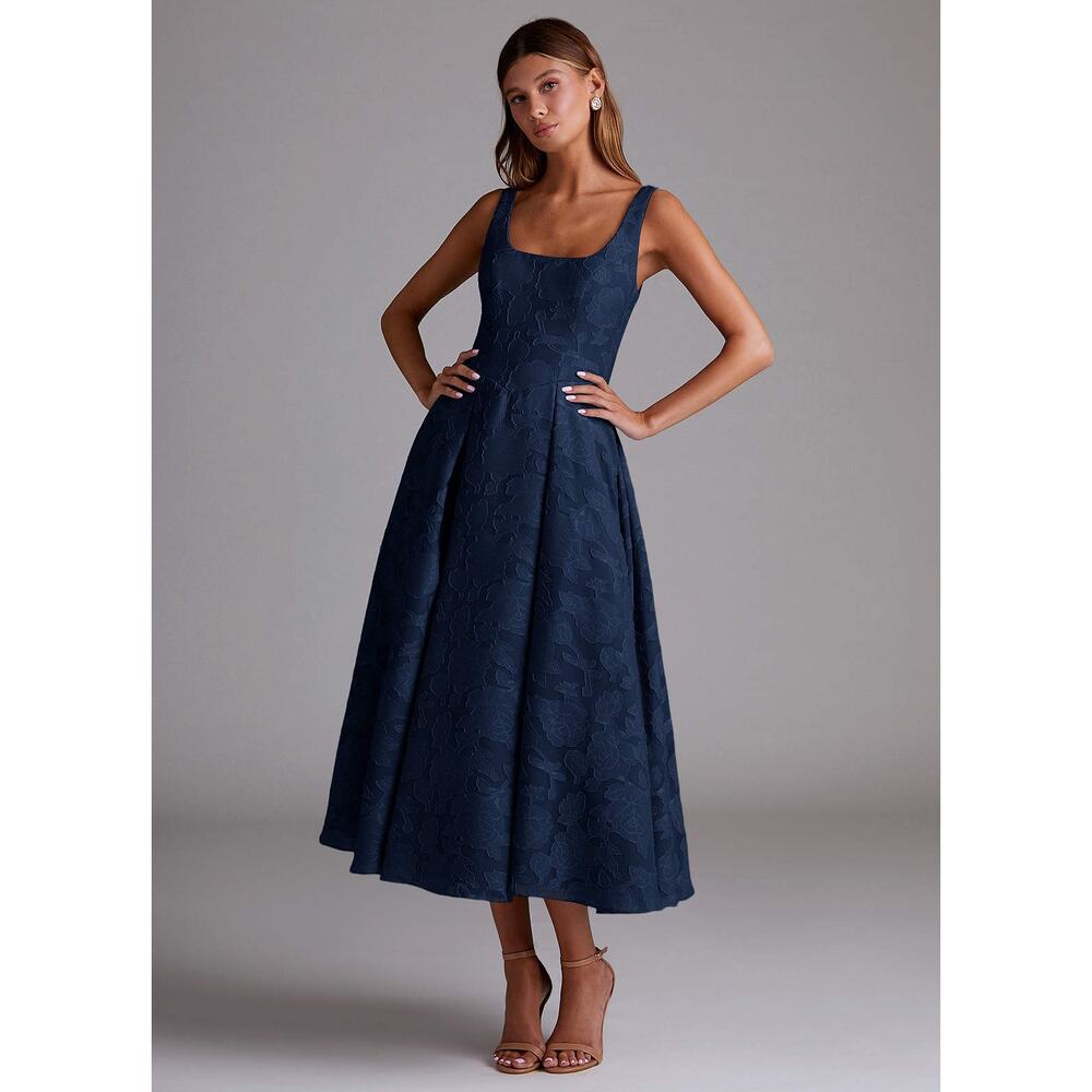 Azazie Atelier Amalie A-Line Basque Waist Floral Burnout Midi Dress Navy Sz 6